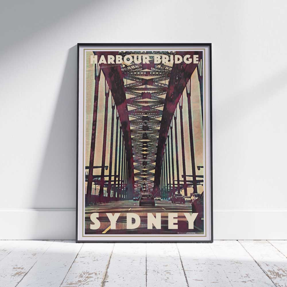 Framed travel poster of Harbour Bridge Sydney, featuring Alecse’s vintage-inspired under-bridge design with a dynamic steel arch perspective