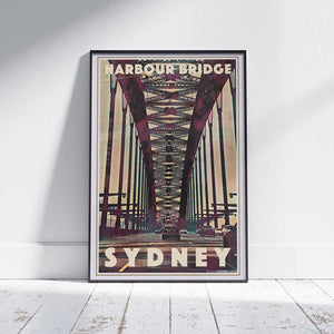Framed travel poster of Harbour Bridge Sydney, featuring Alecse’s vintage-inspired under-bridge design with a dynamic steel arch perspective