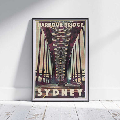 Framed travel poster of Harbour Bridge Sydney, featuring Alecse’s vintage-inspired under-bridge design with a dynamic steel arch perspective