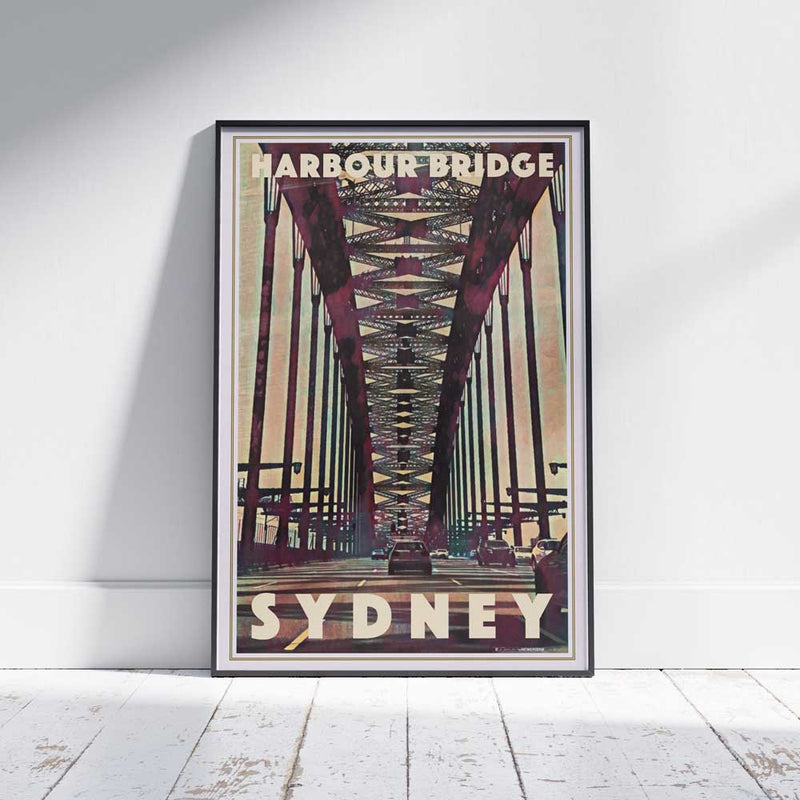 Framed travel poster of Harbour Bridge Sydney, featuring Alecse’s vintage-inspired under-bridge design with a dynamic steel arch perspective
