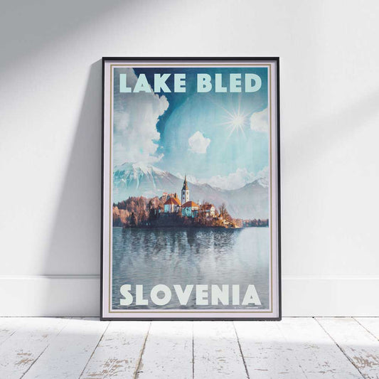 Framed Lake Bled Slovenia Poster on White Wooden Floor - Limited Edition by Alecse