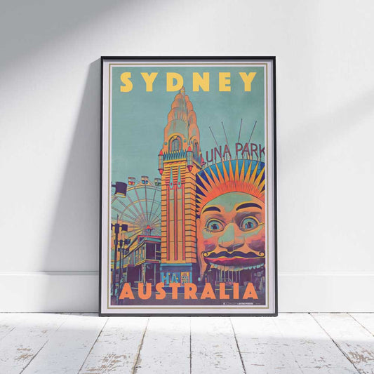 Luna Park Sydney Travel Poster Framed - Limited Edition Art on White Wooden Floor