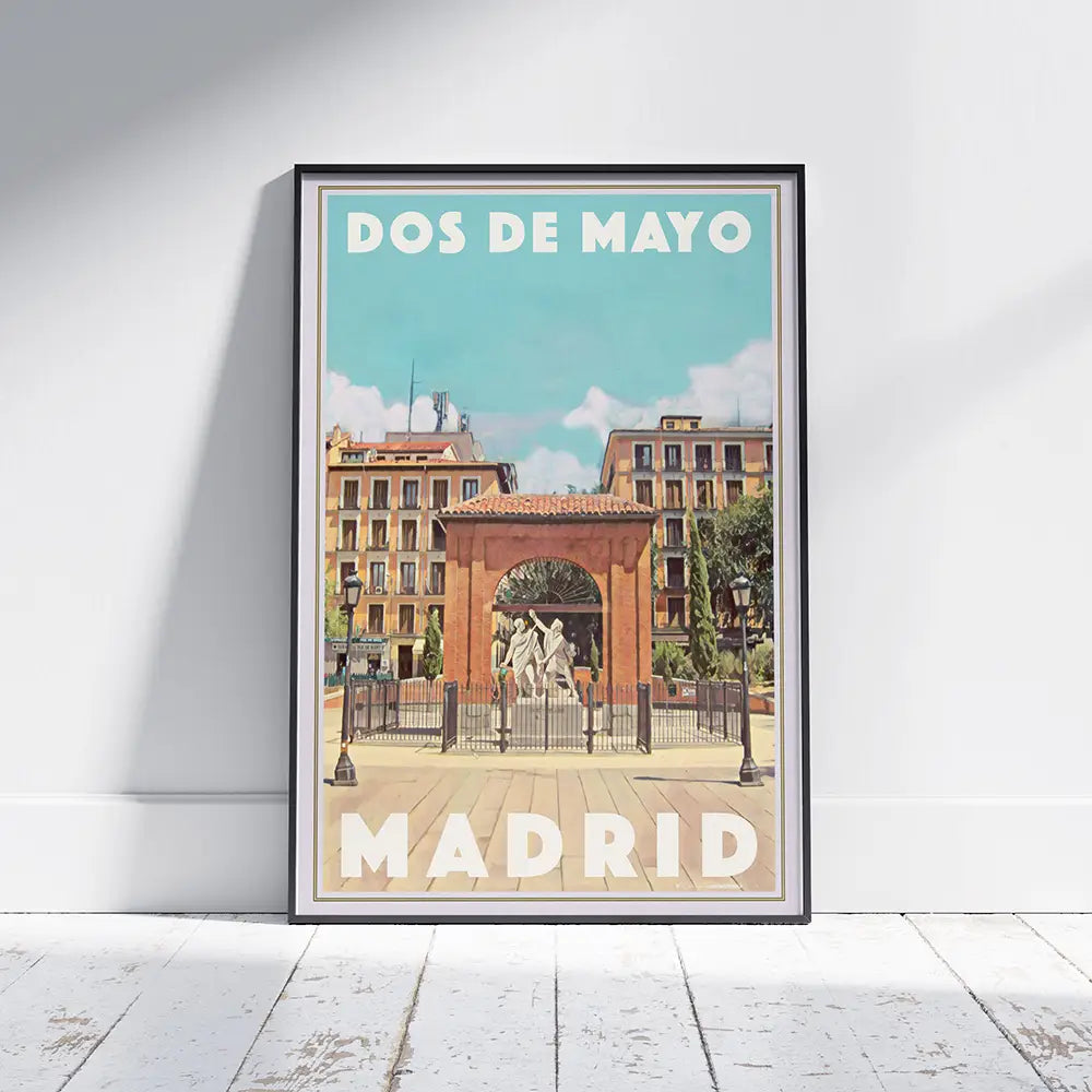 Art print of Madrid Dos de Mayo with historic monument and classic façades, vintage halftone effect.