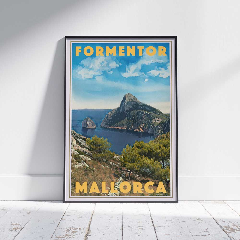 Framed travel poster of Formentor, Mallorca, featuring Alecse’s vintage-inspired design with a view of Cap de Formentor’s dramatic coastline
