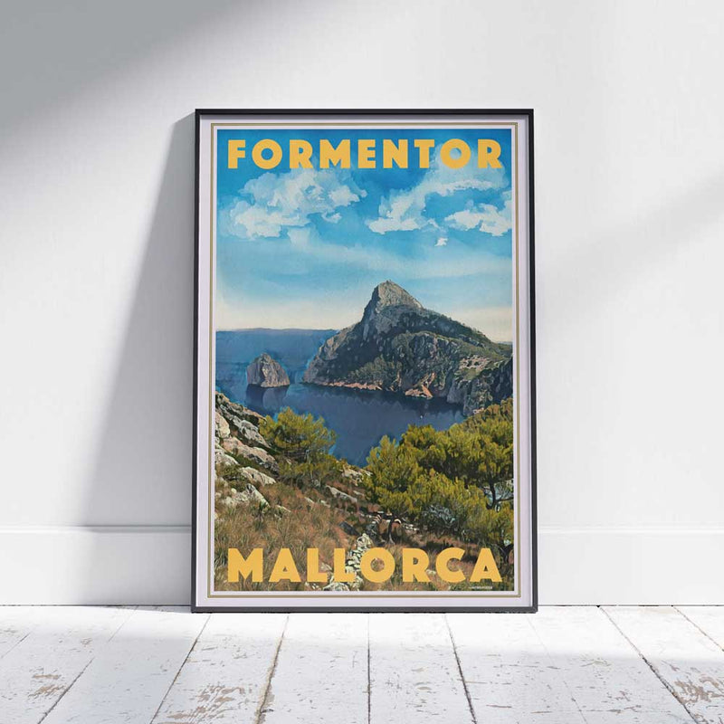Framed travel poster of Formentor, Mallorca, featuring Alecse’s vintage-inspired design with a view of Cap de Formentor’s dramatic coastline