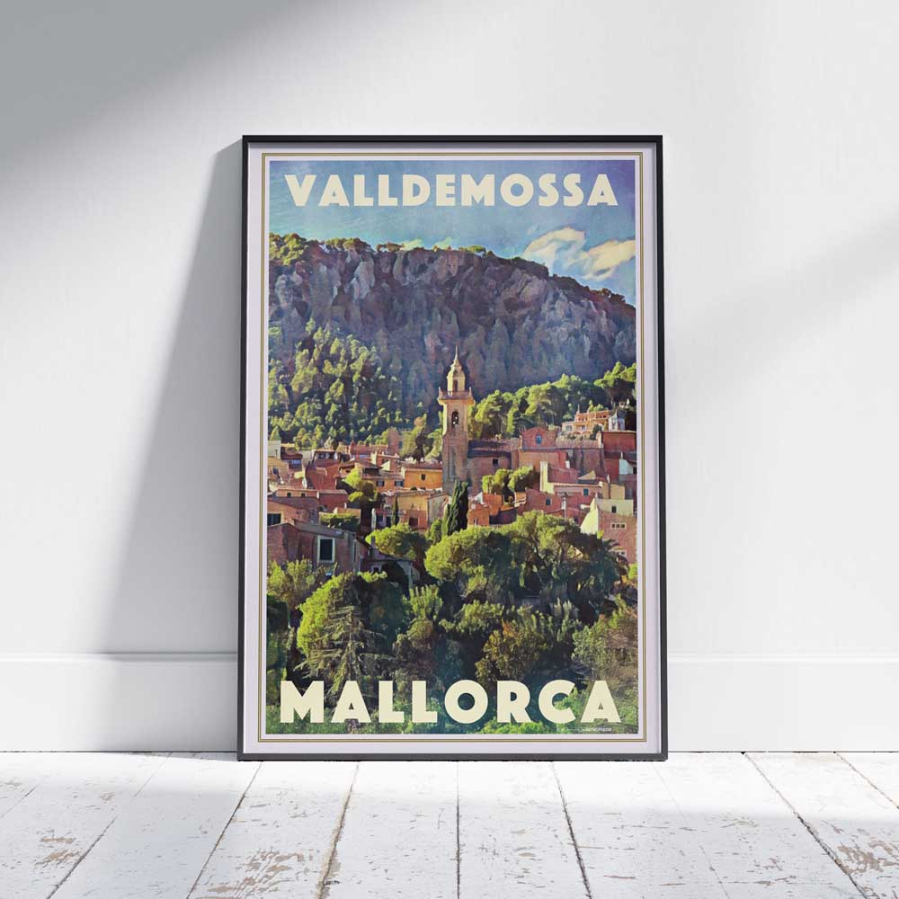 Framed travel poster of Valldemossa, Mallorca, featuring Alecse’s vintage-inspired design with a scenic mountain village view
