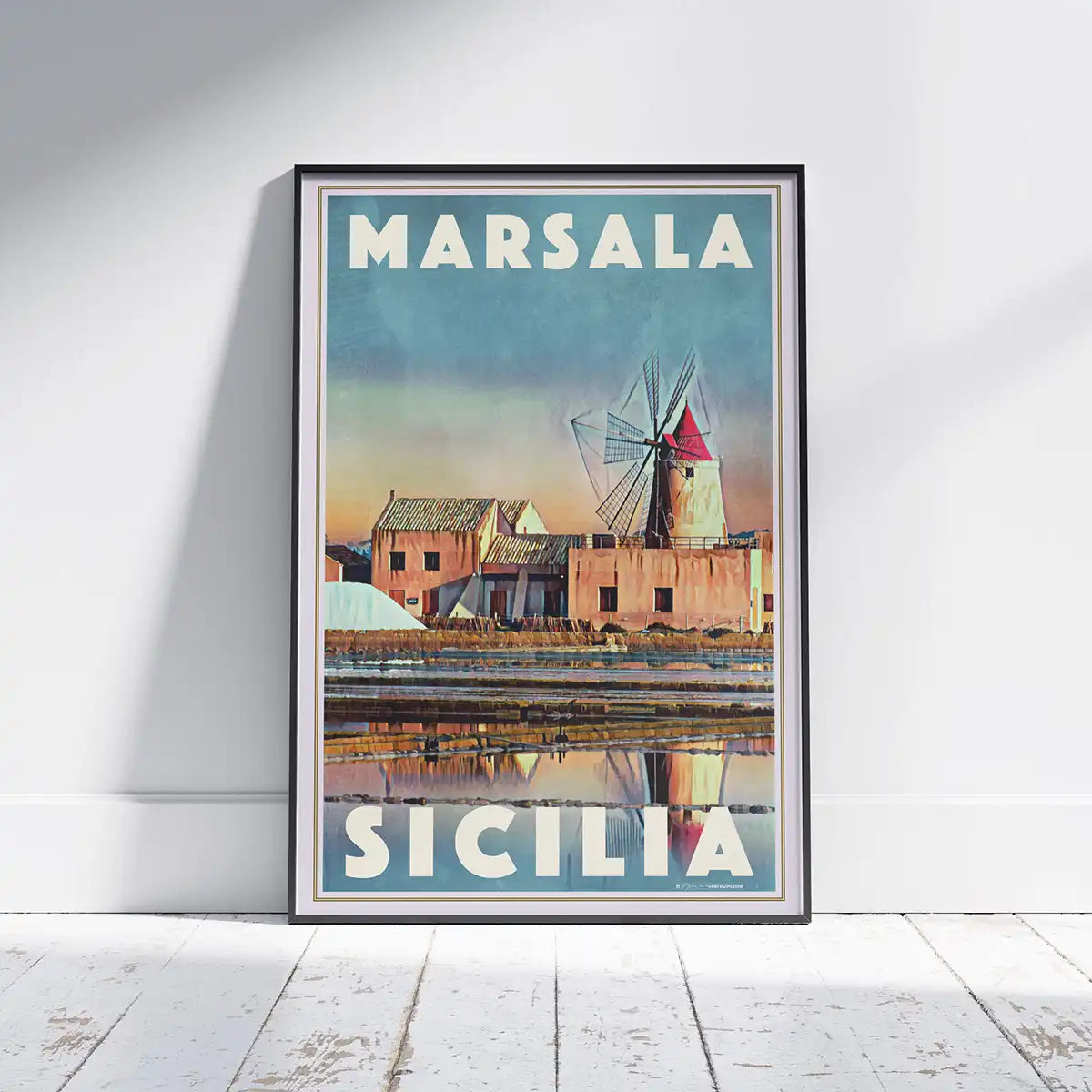 Marsala Sicily vintage travel poster by Alecse, limited edition landscape art print inspired by the Sicilian salt pans