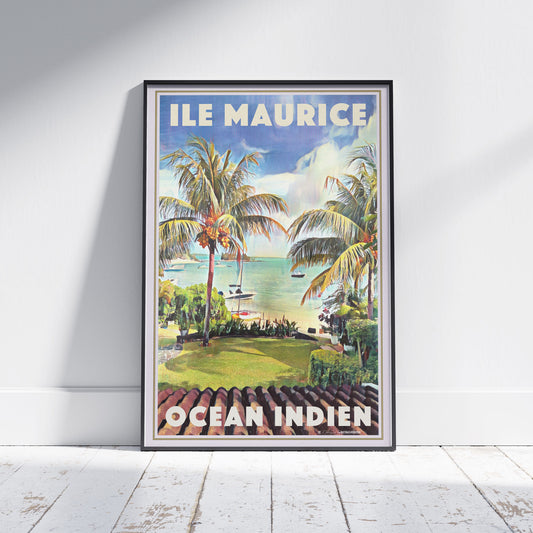 Mauritius Morning travel poster in a frame on a white wooden floor.