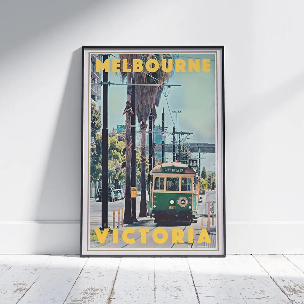 Framed vintage Melbourne travel poster with City Circle tram design, wall decor celebrating Victoria, Australia