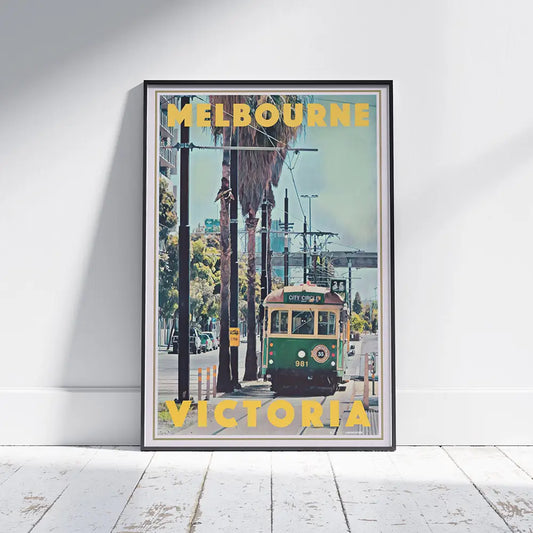 Framed vintage Melbourne travel poster with City Circle tram design, wall decor celebrating Victoria, Australia