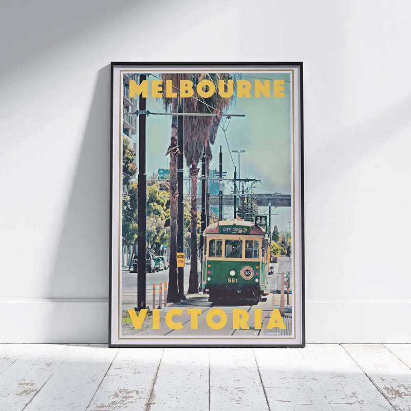 Framed vintage Melbourne travel poster with City Circle tram design, wall decor celebrating Victoria, Australia