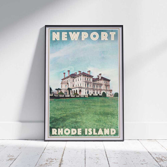 Framed Newport Rhode Island poster on a white wooden floor featuring The Breakers mansion