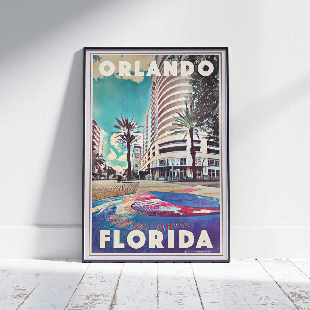 Affiche Orlando Florida en édition limitée par Alecse, capturant le charme urbain d'Eola Drive d'Orlando avec une touche art déco
