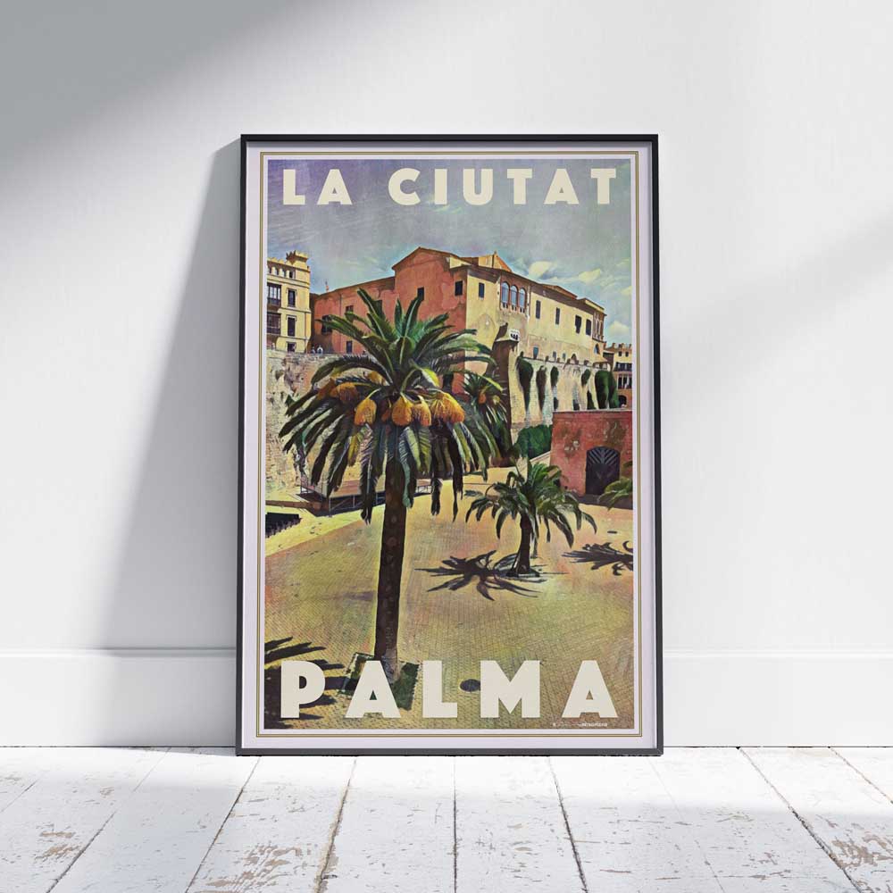 Framed travel poster of Palma de Mallorca (La Ciutat), featuring Alecse’s vintage-inspired design with a sunlit Mediterranean scene