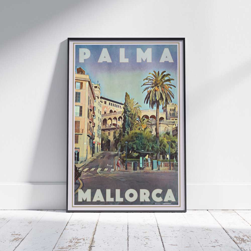 Palma Reina poster featuring sunny Mediterranean plaza and medieval arches in Palma de Mallorca