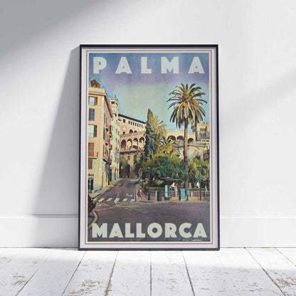 Palma Reina poster featuring sunny Mediterranean plaza and medieval arches in Palma de Mallorca