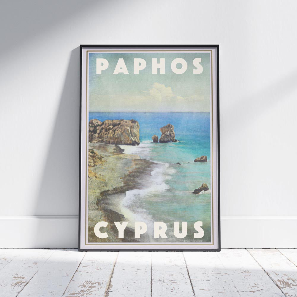 Framed travel poster of Petra tou Romiou, Paphos, Cyprus, showcasing Alecse’s signature vintage-inspired style