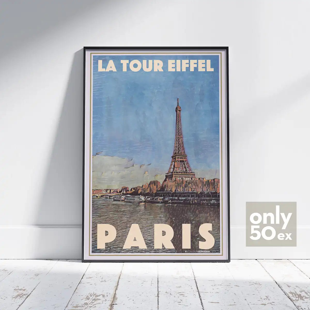 Framed Paris La Tour Eiffel poster by Alecse showing the Eiffel Tower from the Seine, limited edition 50 ex