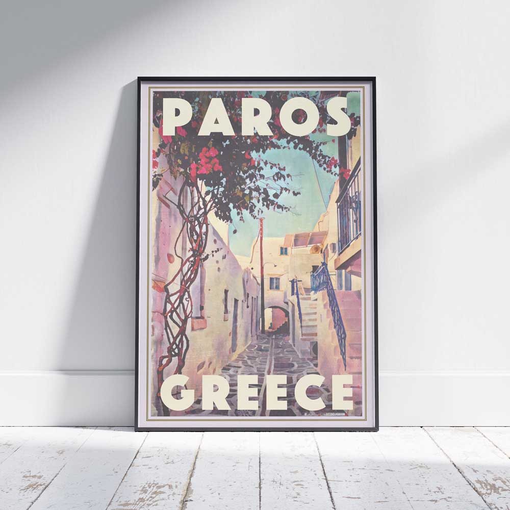 Paros Greece travel poster by Alecse framed on a white wooden floor