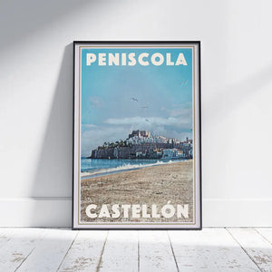 Full framed view of the Peniscola Panorama poster against a white wall with wooden floor