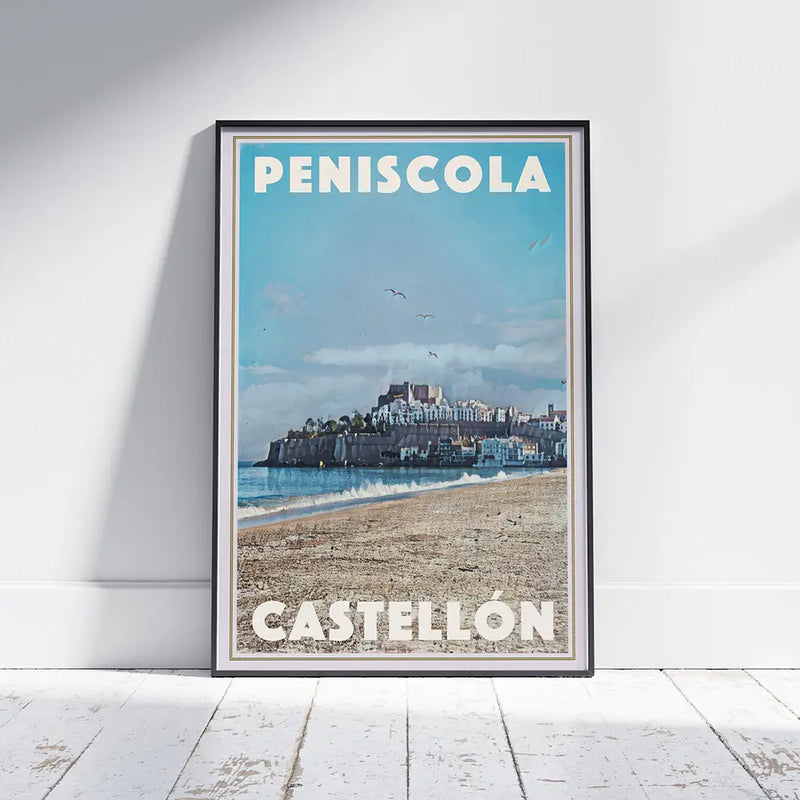 Full framed view of the Peniscola Panorama poster against a white wall with wooden floor