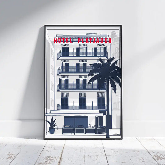 Poster of the Platjador Hotel in Sitges leaning on wall in daylight, retro architectural art print by Cha – from the Spanish Capsule collection