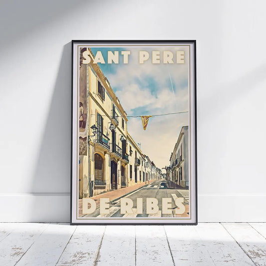 Full Ribes Catalunya travel poster by Alecse featuring the main avenue of Sant Pere de Ribes under a sunny Catalan sky