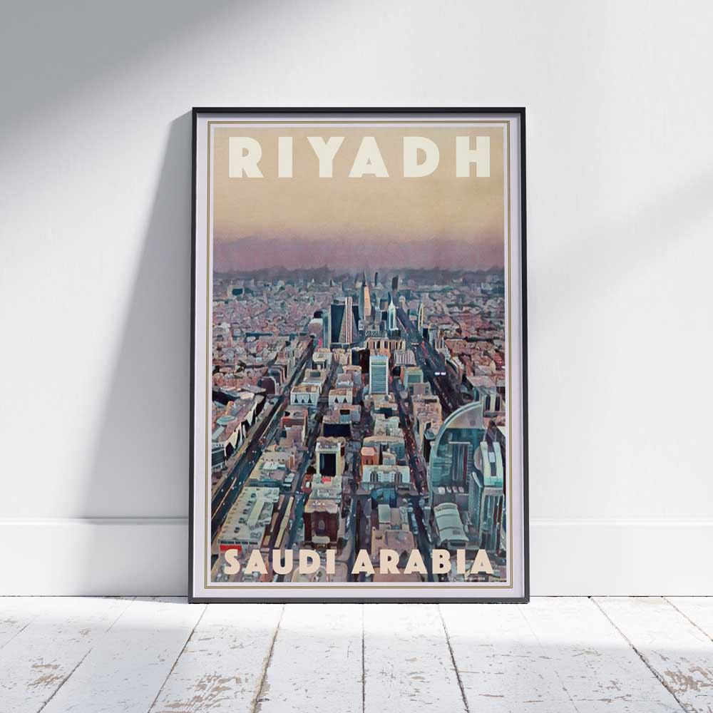 Framed vintage-style poster of the Riyadh skyline, Saudi Arabia, showcasing modern architecture in muted tones