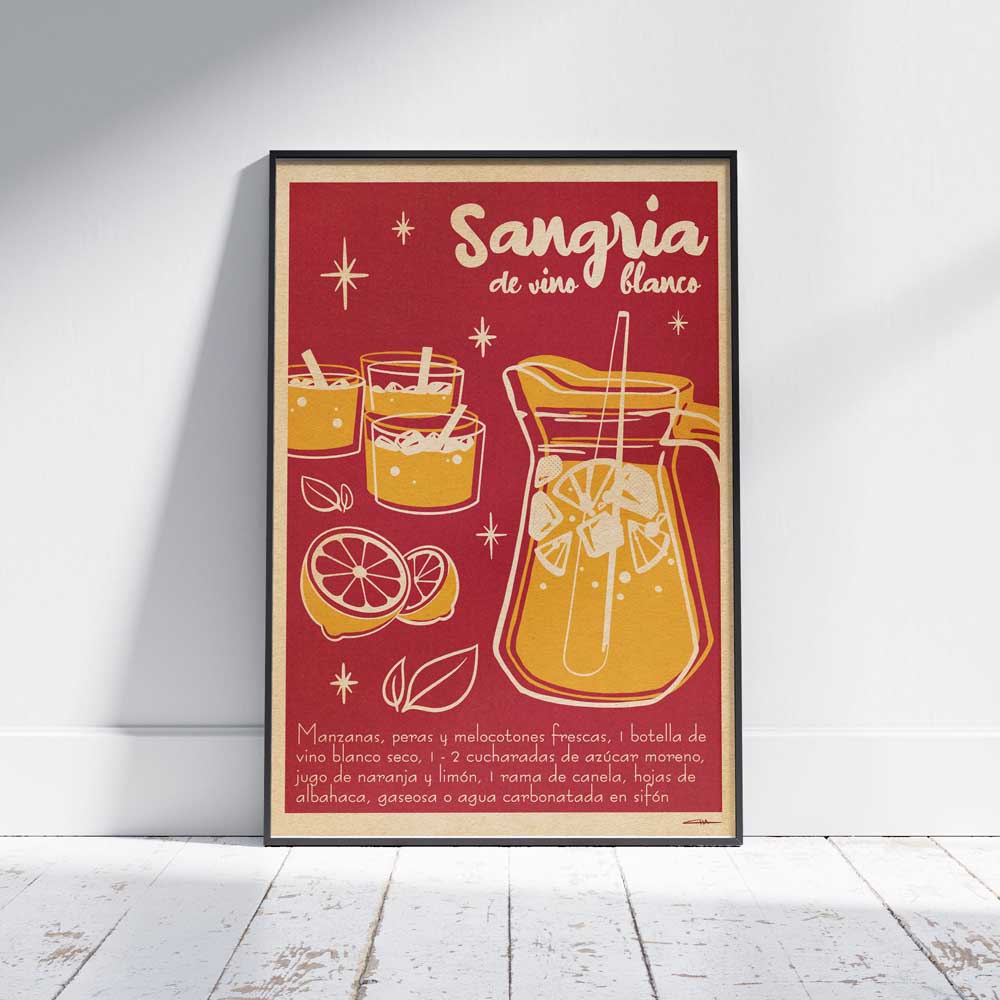 Sangria Poster Displayed on the Floor – The Sangria de Vino Blanco Poster leaning against a wall, with warm reds and yellows bringing the perfect Spanish cocktail vibes to the room.