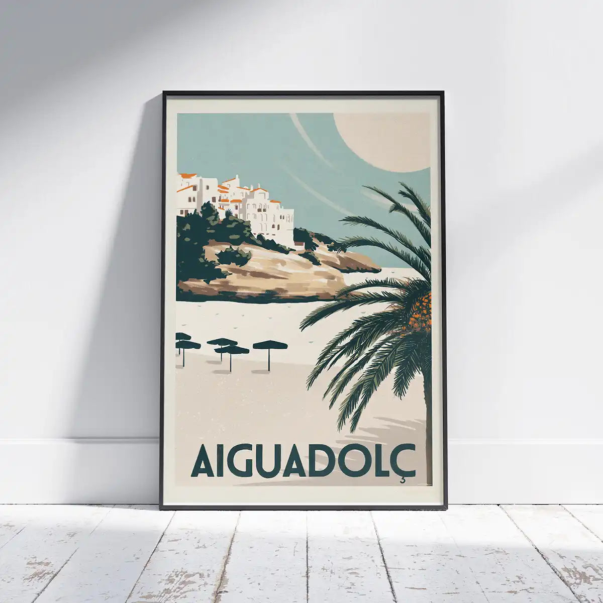 Framed Aiguadolç art print from the Spanish Capsule collection by Cha, showing Sitges marina in retro tones