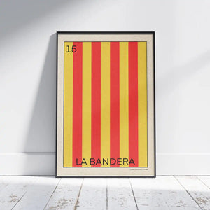 Framed La Bandera poster from the Spanish Capsule by Cha, shown on a white wooden floor with bold red and yellow stripes