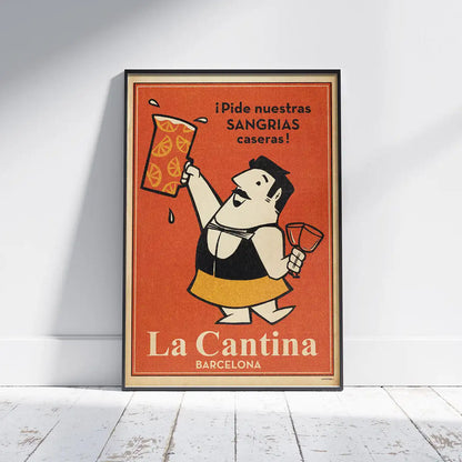 Framed La Cantina Sangrias poster by Cha displayed in a bright interior – vintage Barcelona-inspired design from the Spanish Capsule™ collection.