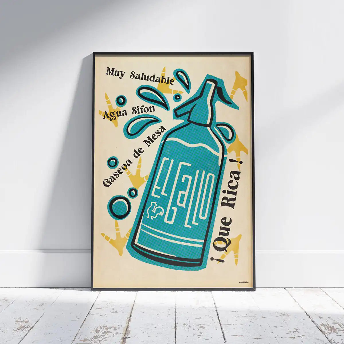 El Gallo Spanish soda siphon poster by Cha, framed on a white wooden floor with retro bottle illustration and vintage typography