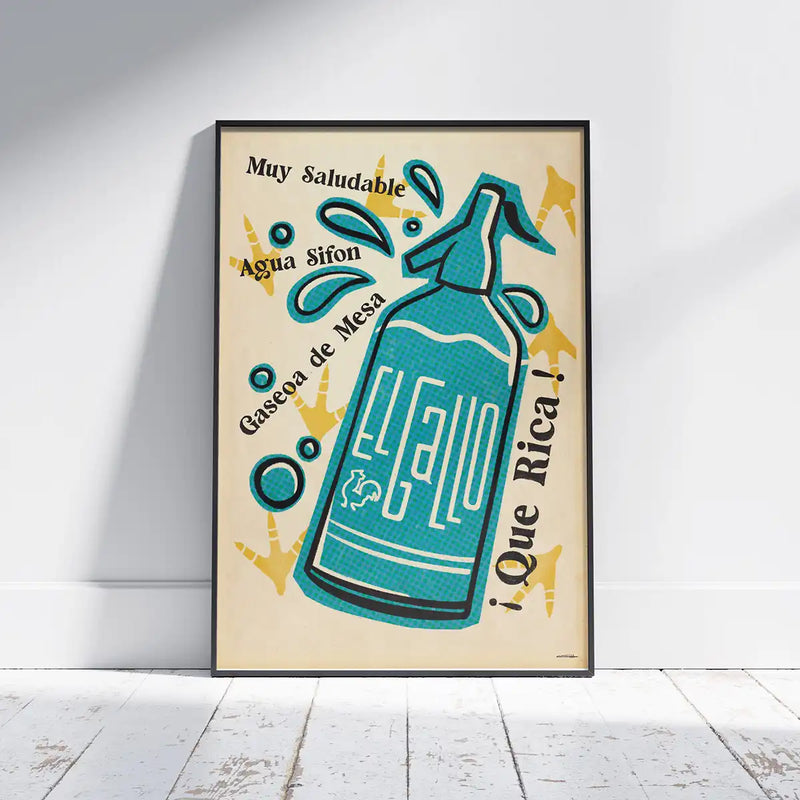 El Gallo Spanish soda siphon poster by Cha, framed on a white wooden floor with retro bottle illustration and vintage typography