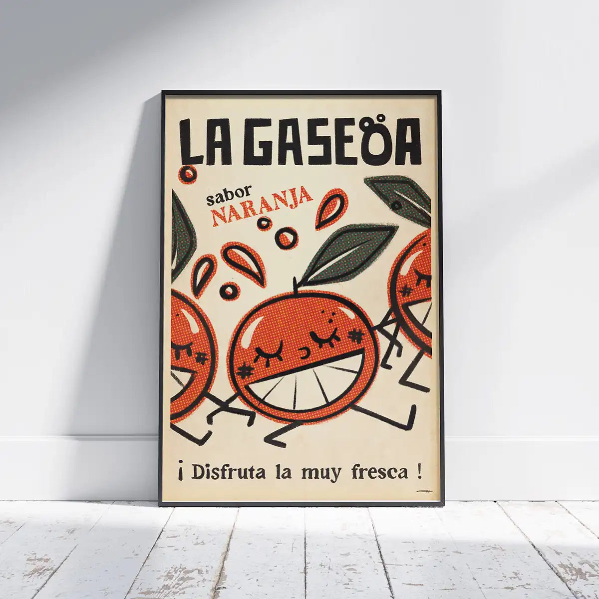 Gaseoa Naranja Spanish Capsule poster by Cha framed on a white wooden floor showing cheerful orange soda illustration