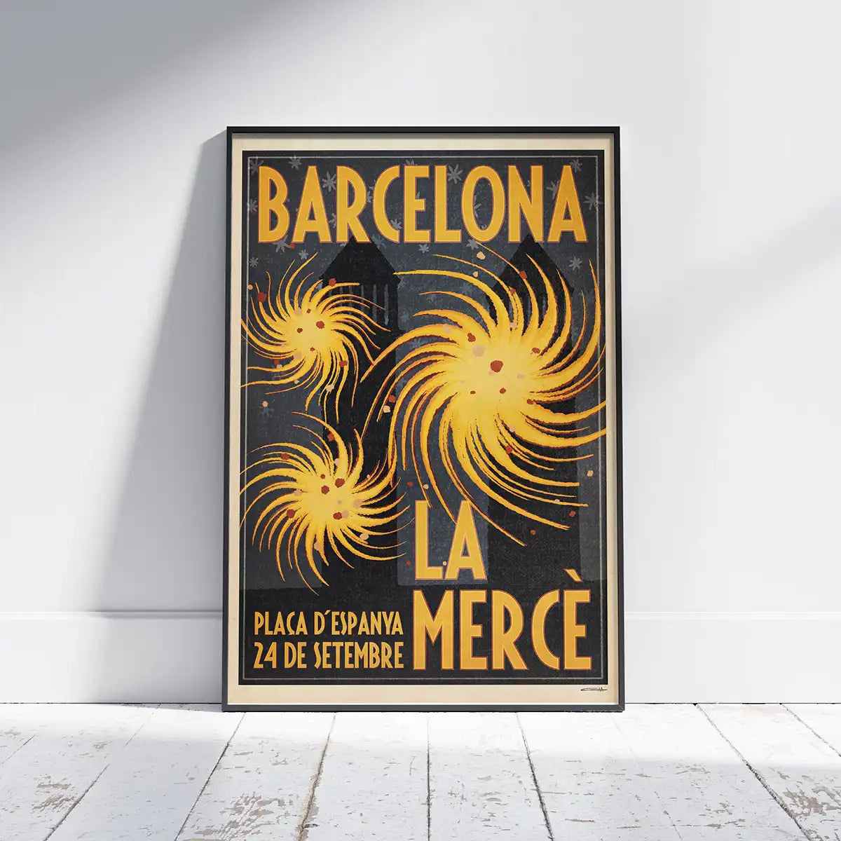 Full view of La Mercè poster framed, leaning on a white wall – retro travel poster by Cha for Barcelona lovers.