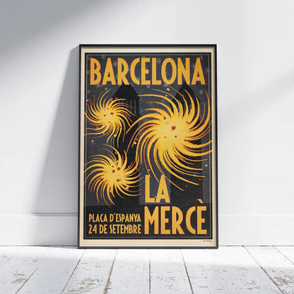 Full view of La Mercè poster framed, leaning on a white wall – retro travel poster by Cha for Barcelona lovers.