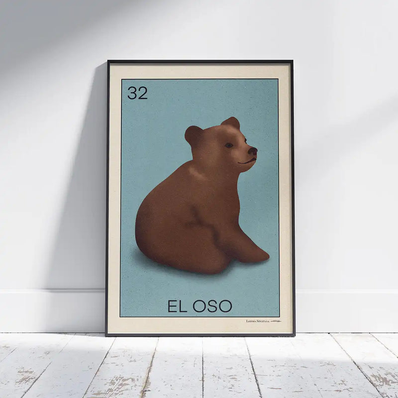 Vintage-style poster of 'El Oso' from the Lotería Sitgetana collection by Cha, featuring a seated brown bear on a muted blue background with number 32 and retro card layout