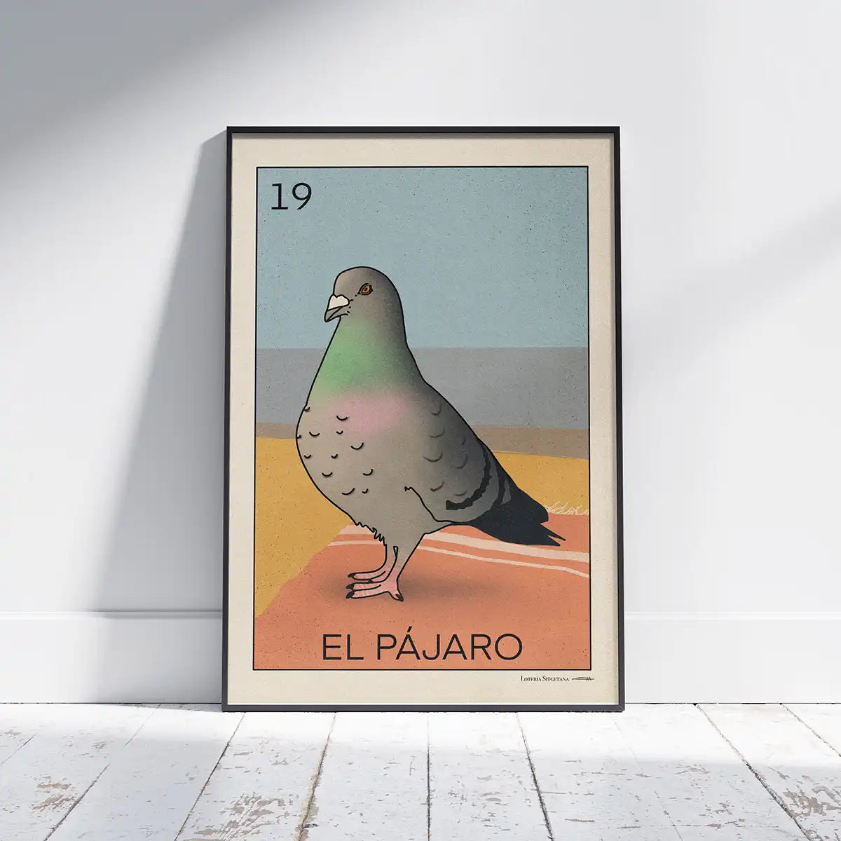Framed art print of a pigeon on a retro beach background with title ‘El Pájaro’, part of the Lotería Sitgetana collection by Cha.