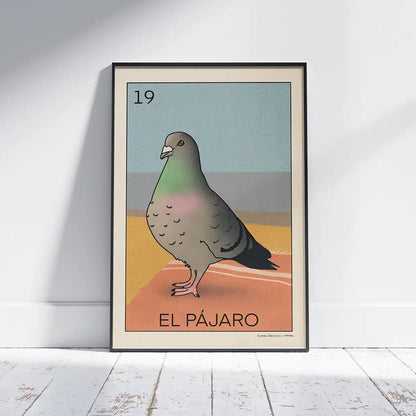 Framed art print of a pigeon on a retro beach background with title ‘El Pájaro’, part of the Lotería Sitgetana collection by Cha.