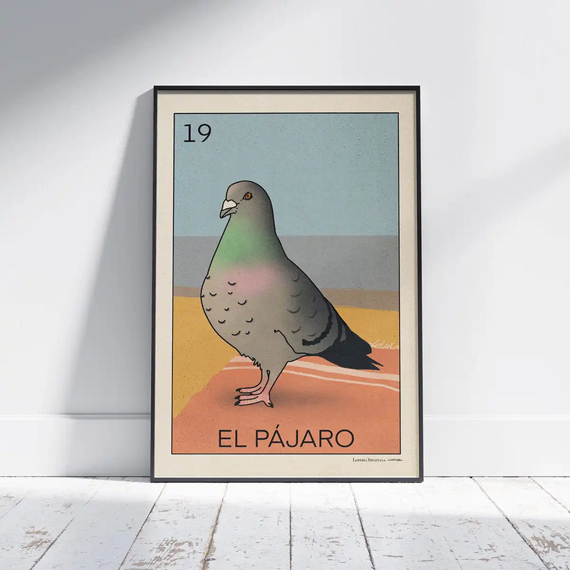 Framed art print of a pigeon on a retro beach background with title ‘El Pájaro’, part of the Lotería Sitgetana collection by Cha.