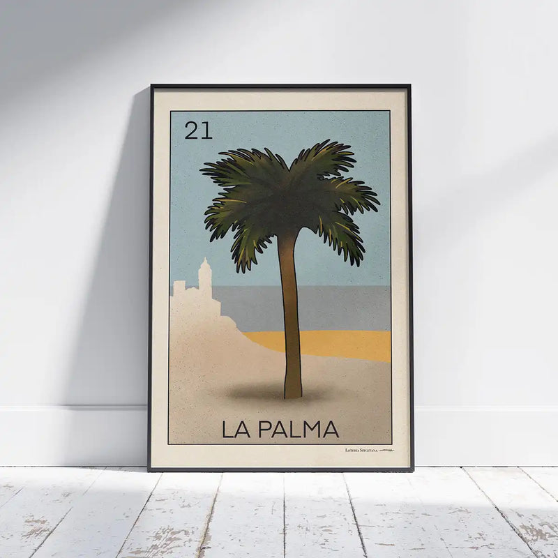 Framed La Palma Sitges poster showing a palm tree on the beach with the silhouette of the Sitges church in the background