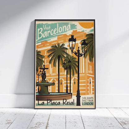 Placa Reial Poster displayed on white floor with shadow – Visit Barcelona in orange and green palette