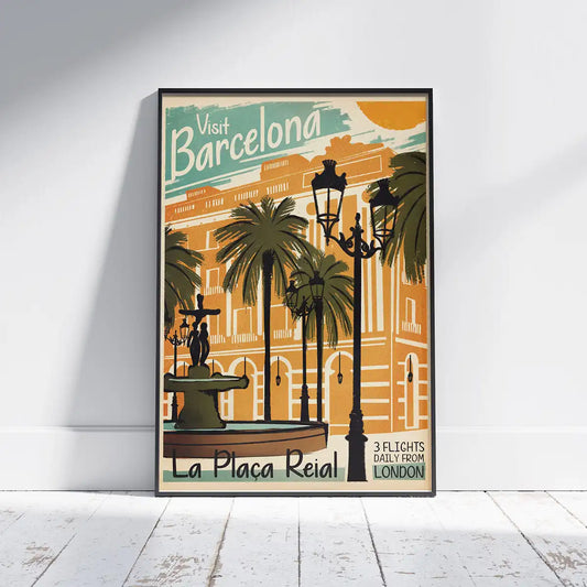 Placa Reial Poster displayed on white floor with shadow – Visit Barcelona in orange and green palette