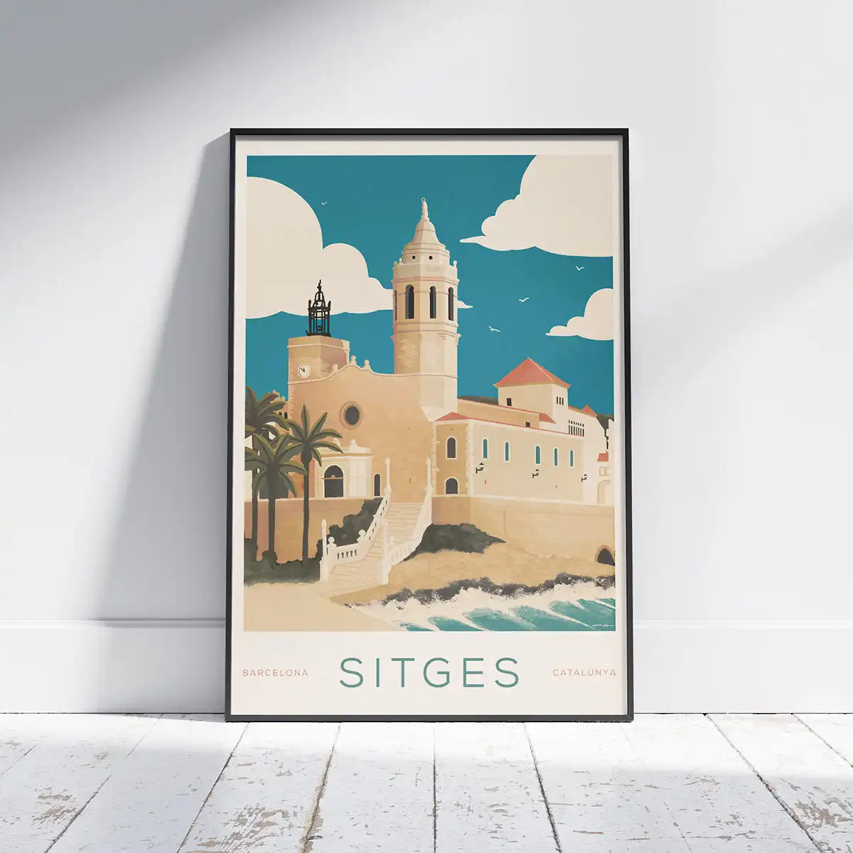 Framed Sitges Church poster on white wall, showing full travel art print from Spanish Capsule™ collection
