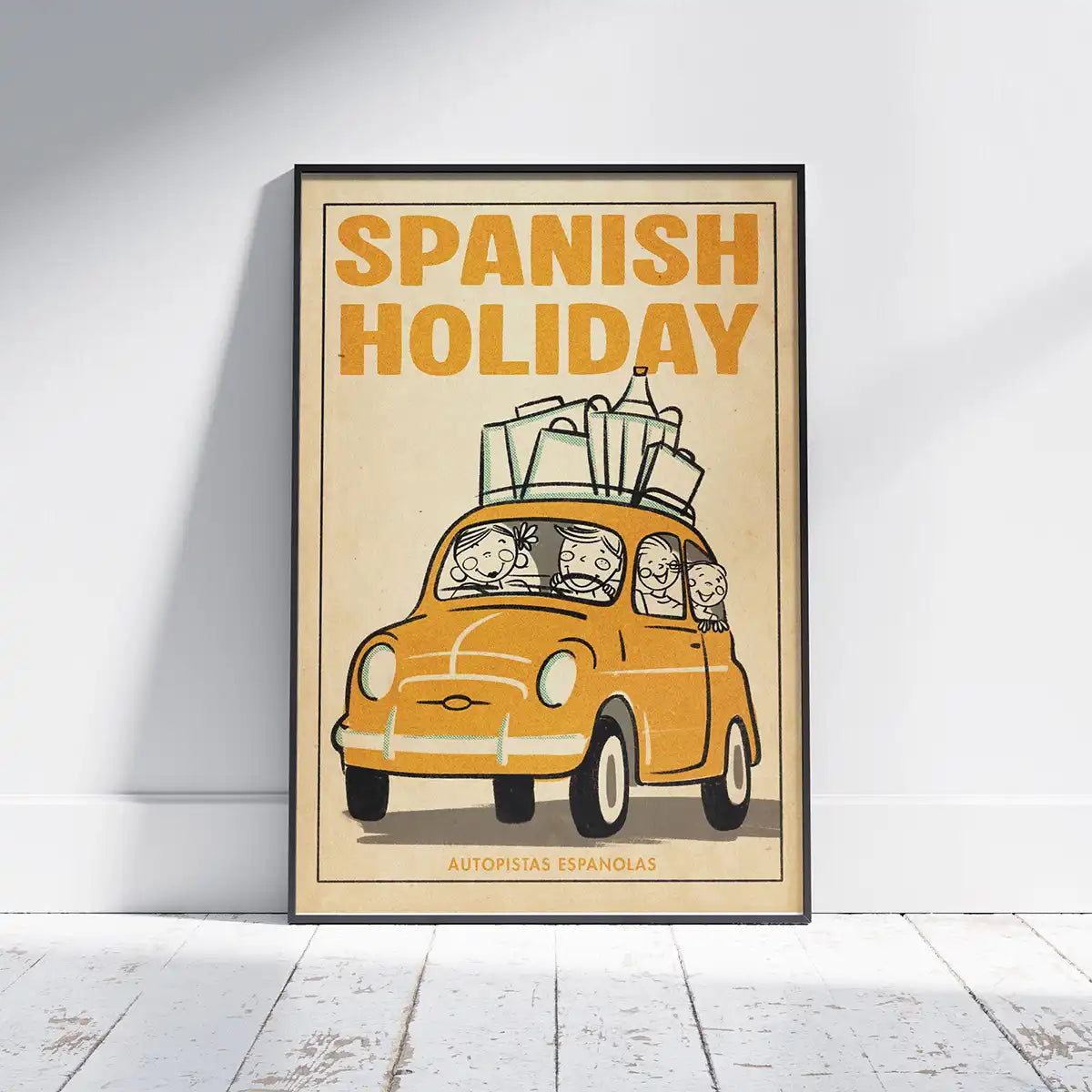 Framed "Spanish Holiday" art print featuring a family in a retro yellow car on a summer trip