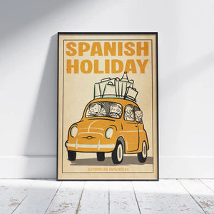 Framed "Spanish Holiday" art print featuring a family in a retro yellow car on a summer trip