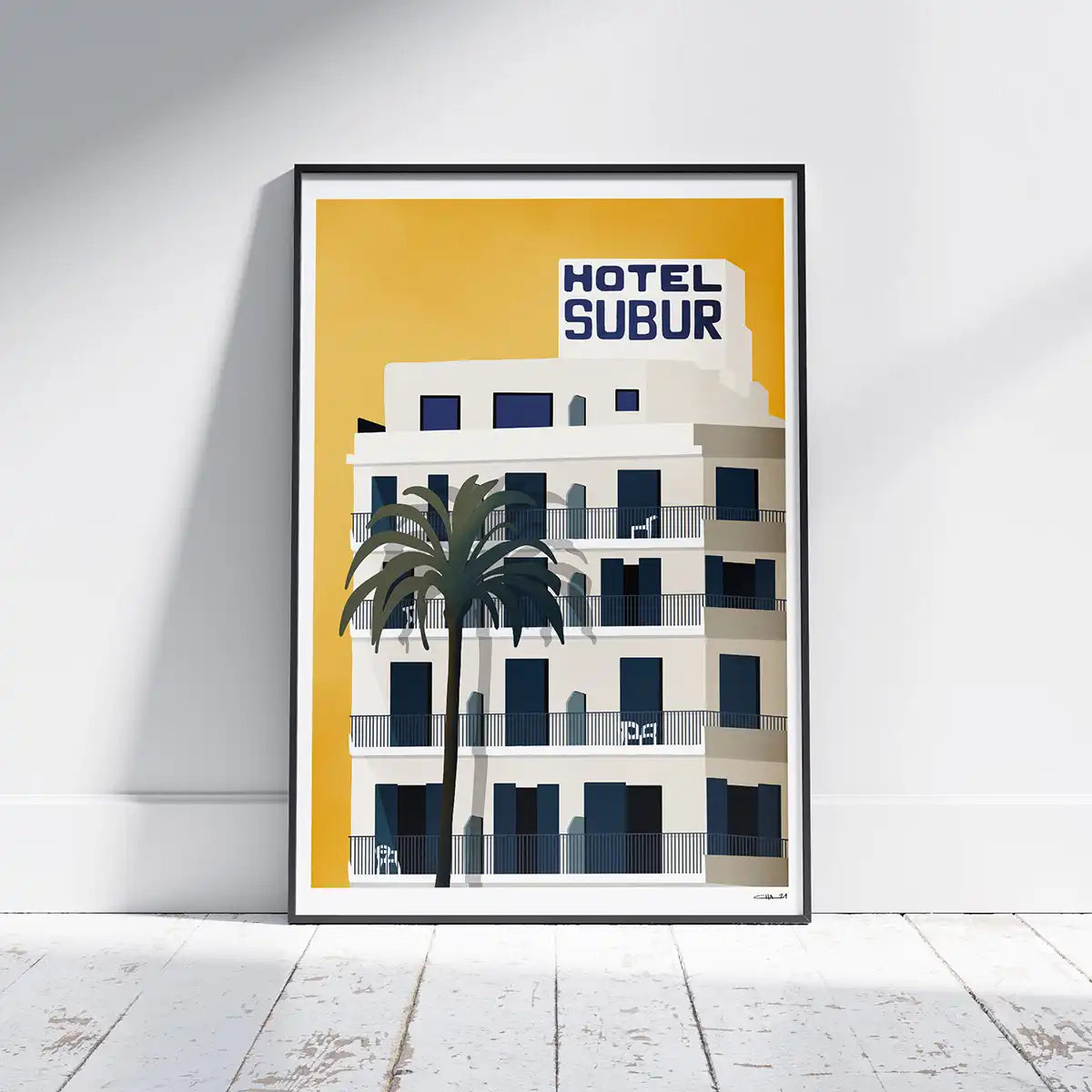 Framed Subur Hotel poster by Cha from the Spanish Capsule collection, limited edition art print of Sitges in retro colours.
