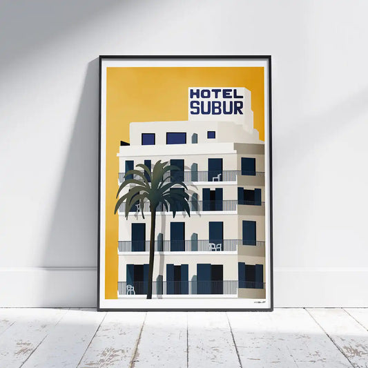 Framed Subur Hotel poster by Cha from the Spanish Capsule collection, limited edition art print of Sitges in retro colours.
