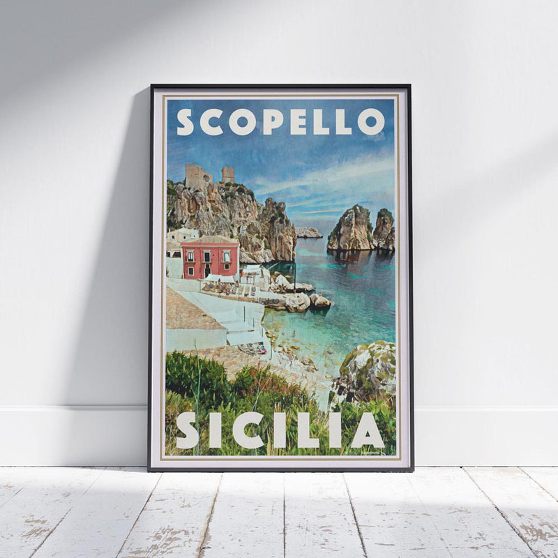 Retro travel poster of Scopello, Sicilia, by Alecse, featuring a classic mid-century travel aesthetic with warm earth tones, vintage typography, and a halftone texture
